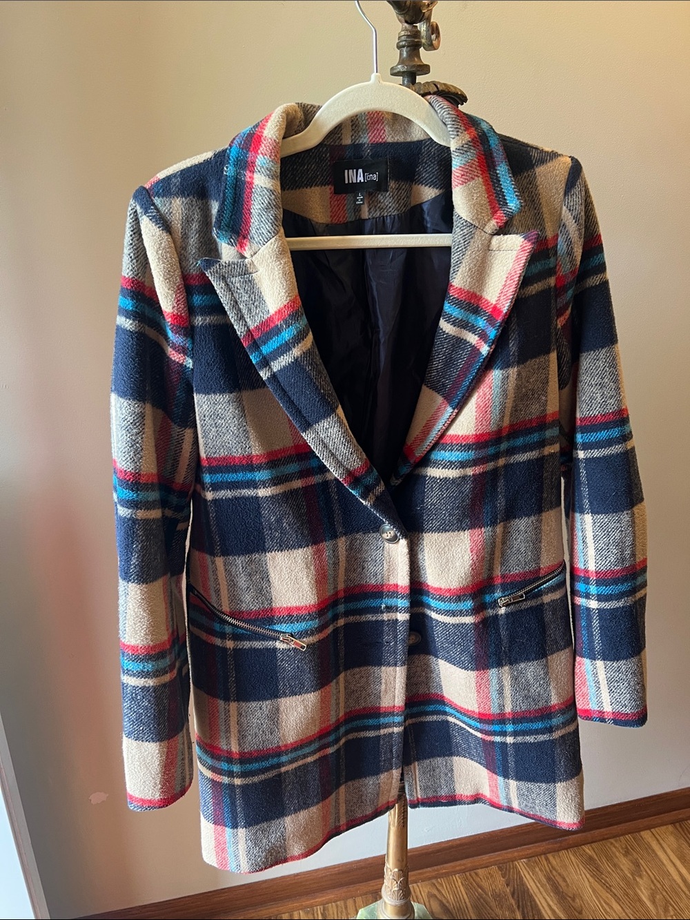 Ina Navy, Cream & Red Plaid Tailored Wool-Blend Blazer